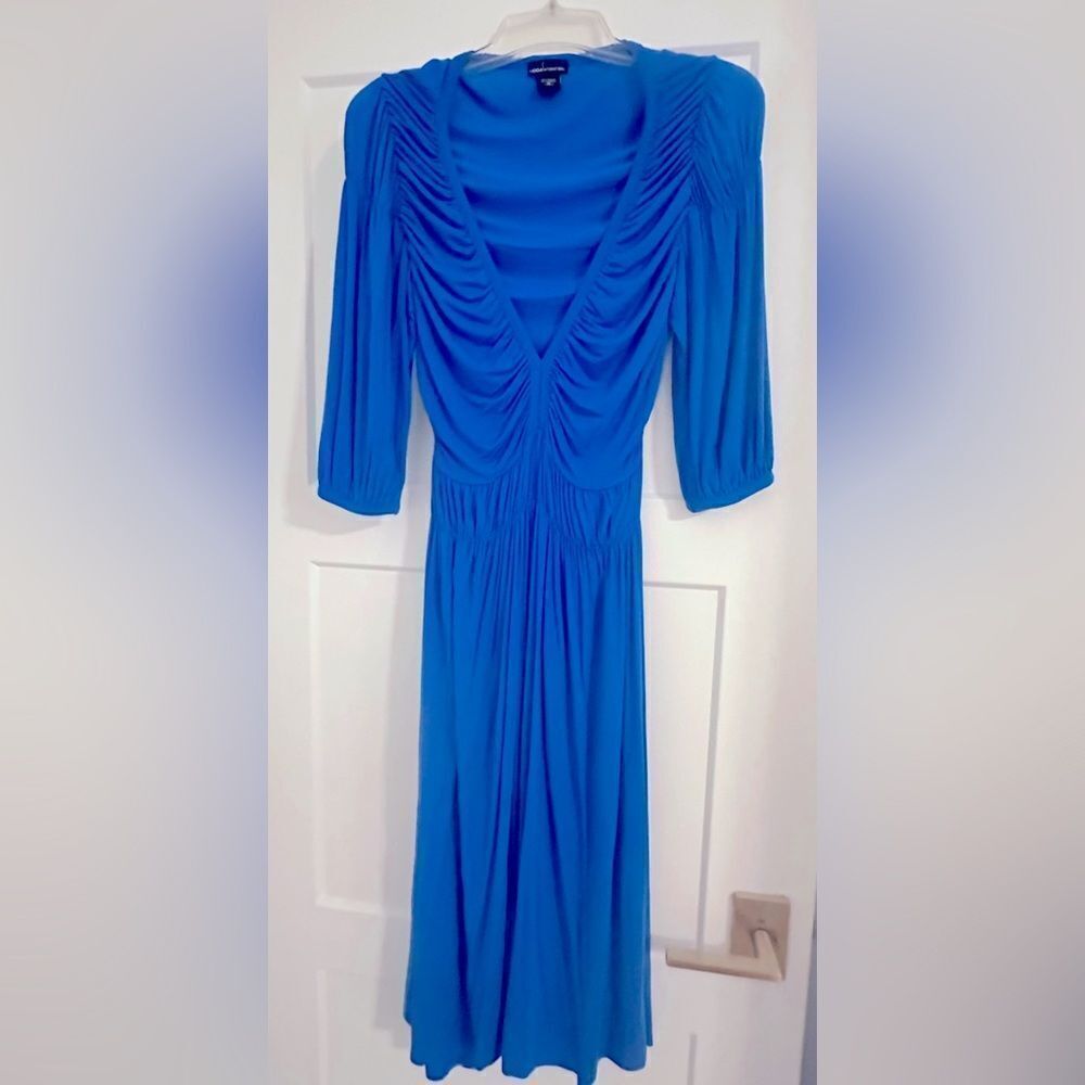 Vintage Moda International Ruched Cobalt Midi Dress | Deep V Slimming Fit